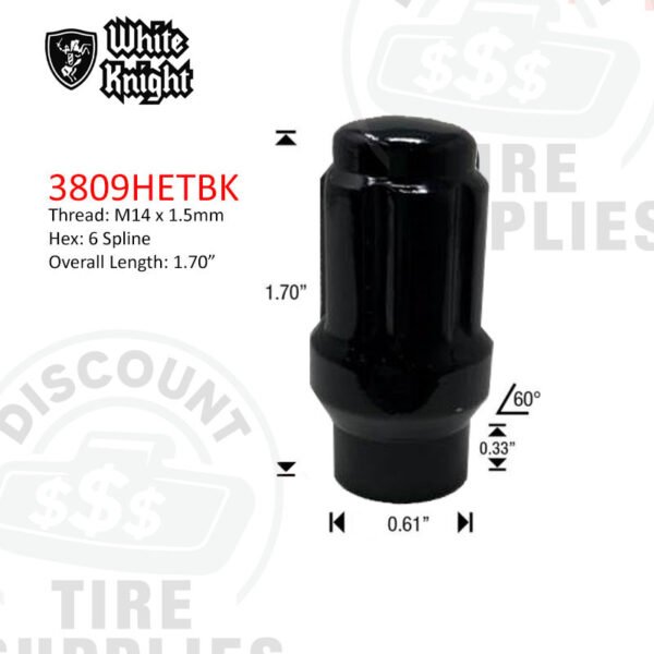 White Knight | Black Duplex 6 Spline Acorn Lug Nut - Thread Size M14 x 1.5mm - 3809HETBK